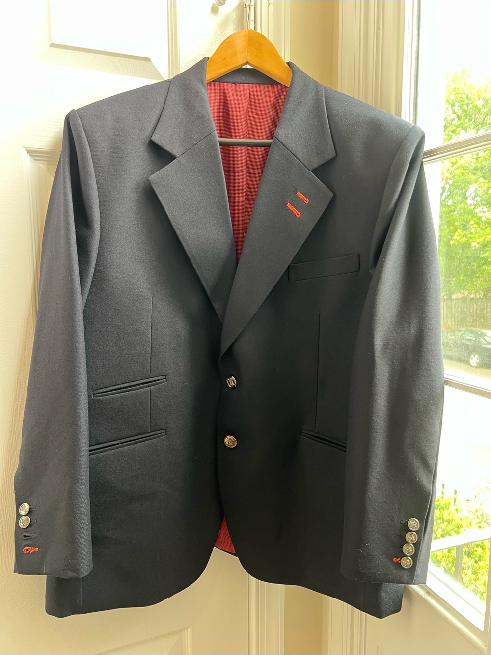 Bespoke Navy Blazer Red Interior Statement Jacket Unisex (40R, see measurements)